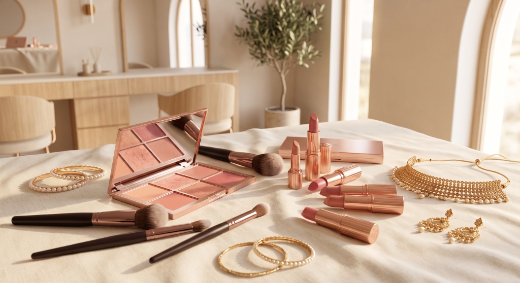 Professional makeup brushes, eyeshadow palette, rose gold lipsticks, and Pakistani bridal gold jewelry on soft ivory linen in gentle window light