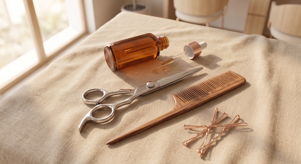 Professional silver styling shears, wooden tail comb, hair treatment oil serum bottle with dropper, and bobby pins on linen