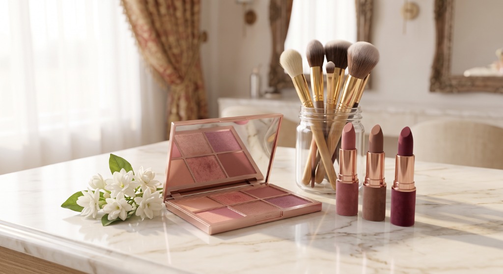 Luxury makeup brushes in jar, open rose gold eyeshadow palette, velvet lipsticks, and white motiya flowers on marble vanity
