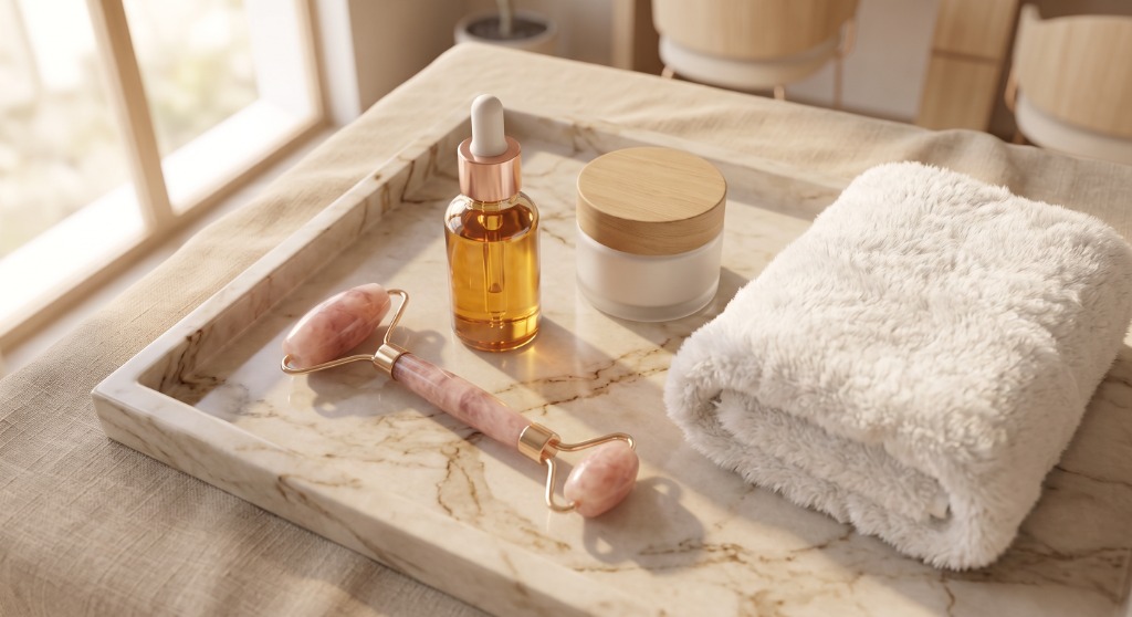 Rose quartz facial roller, botanical glass serum bottle with dropper, face cream jar, and white towel on marble tray