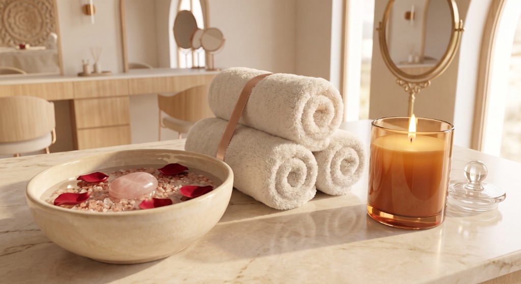Rolled white spa towels, glowing amber candle, glass jar, and bowl with rose quartz stone and red rose petals on marble vanity